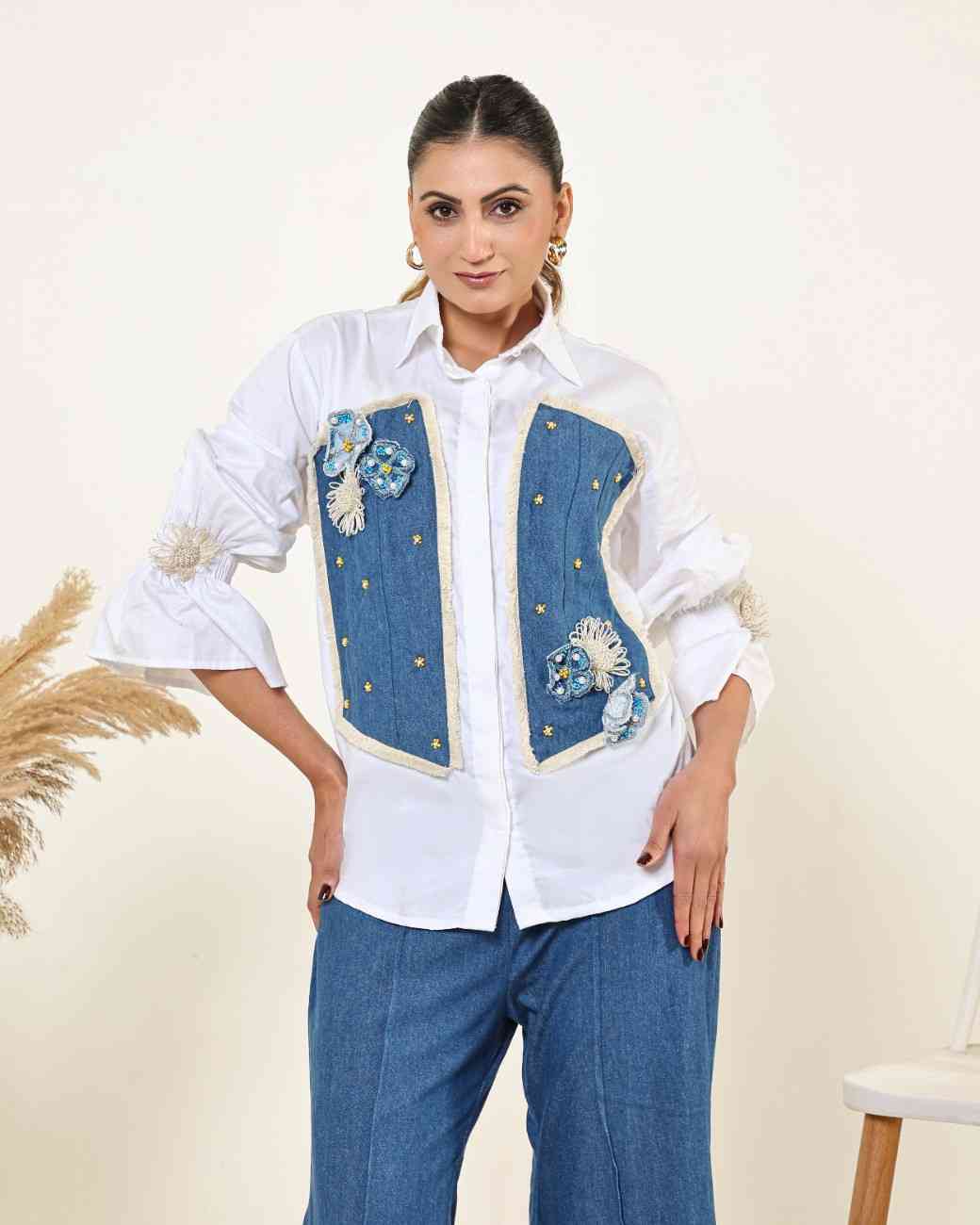 White Denim Panel Shirt