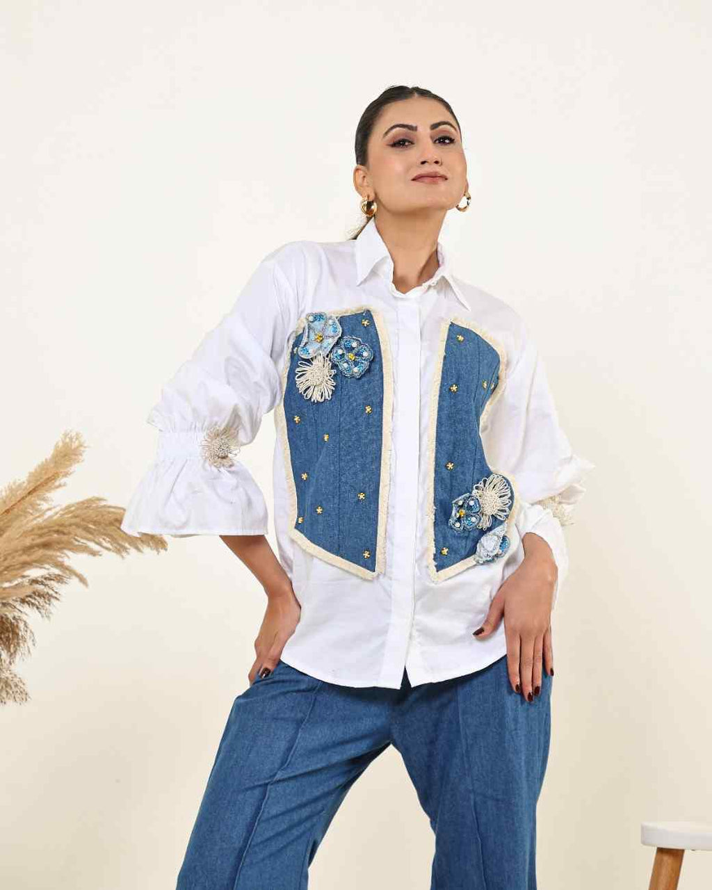 White Denim Panel Shirt