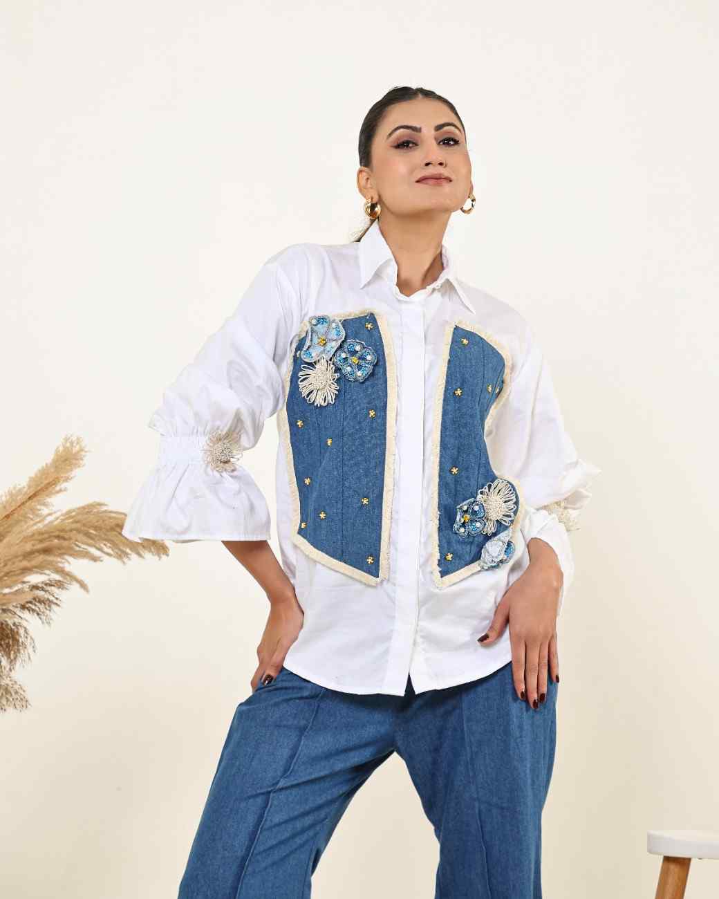 White Denim Panel Shirt