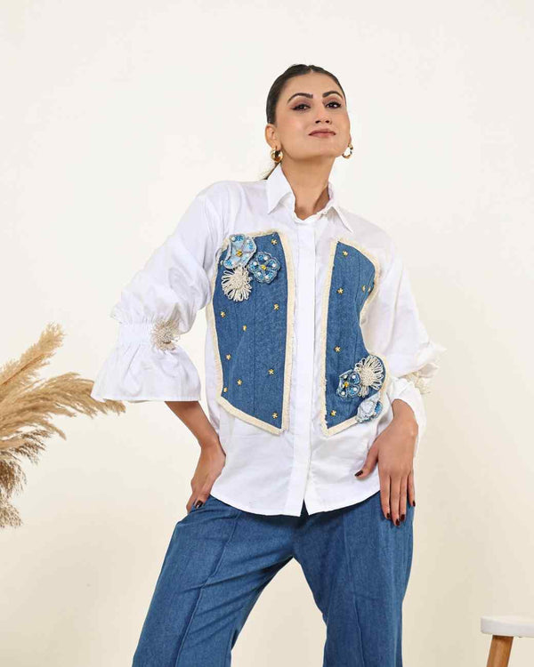 White Denim Panel Shirt