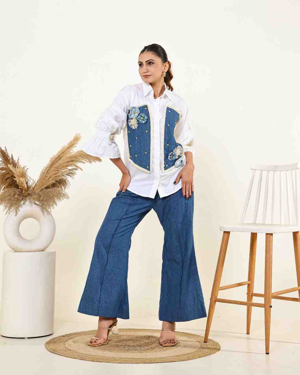 White Denim Panel Shirt