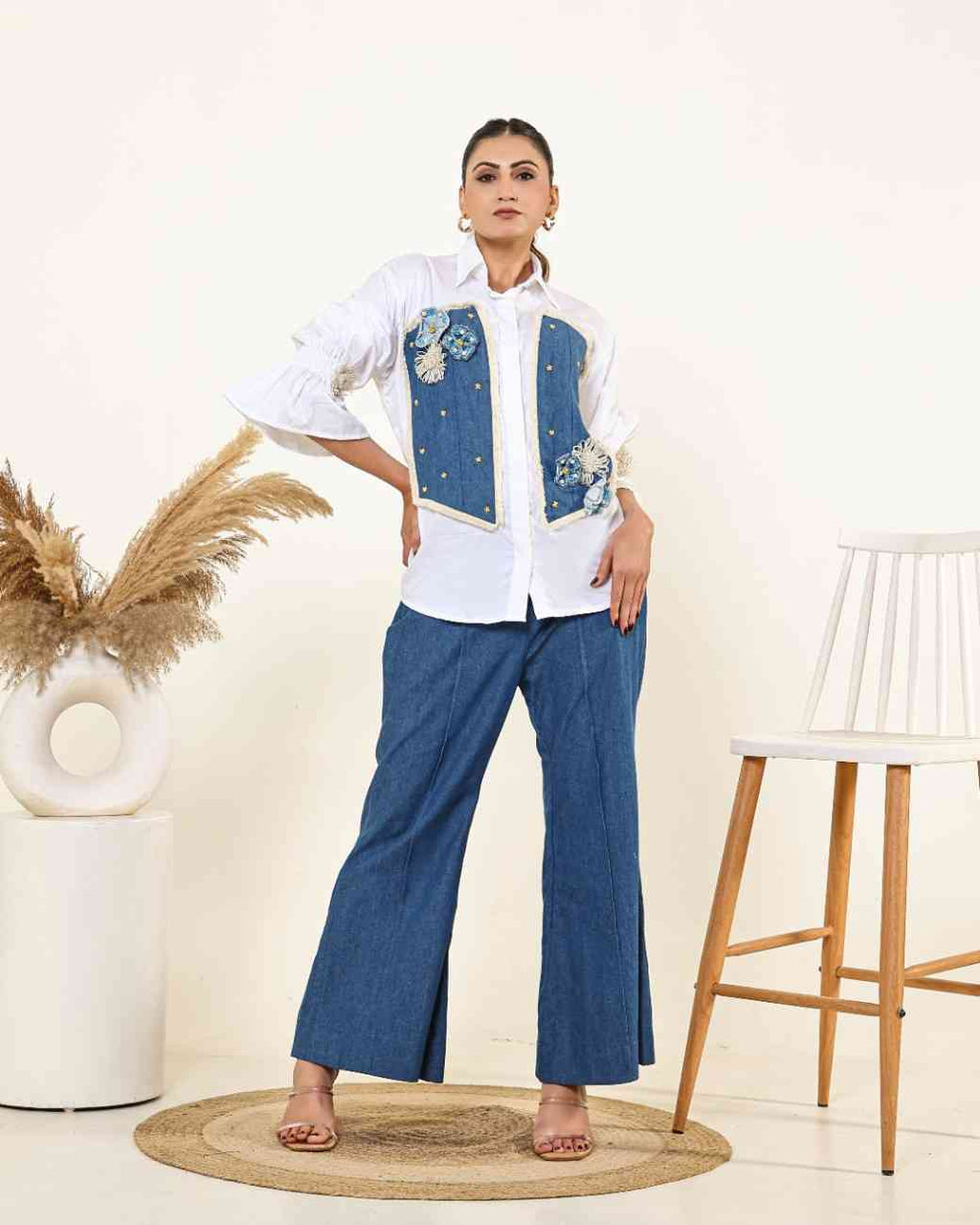White Denim Panel Shirt