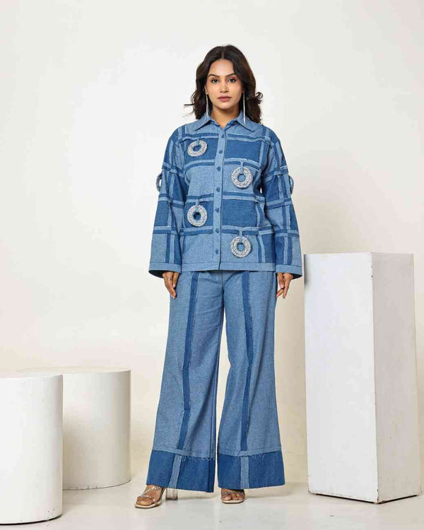 The Dark Denim Check Seam Shirt with 3D Stone Embellished Circles
