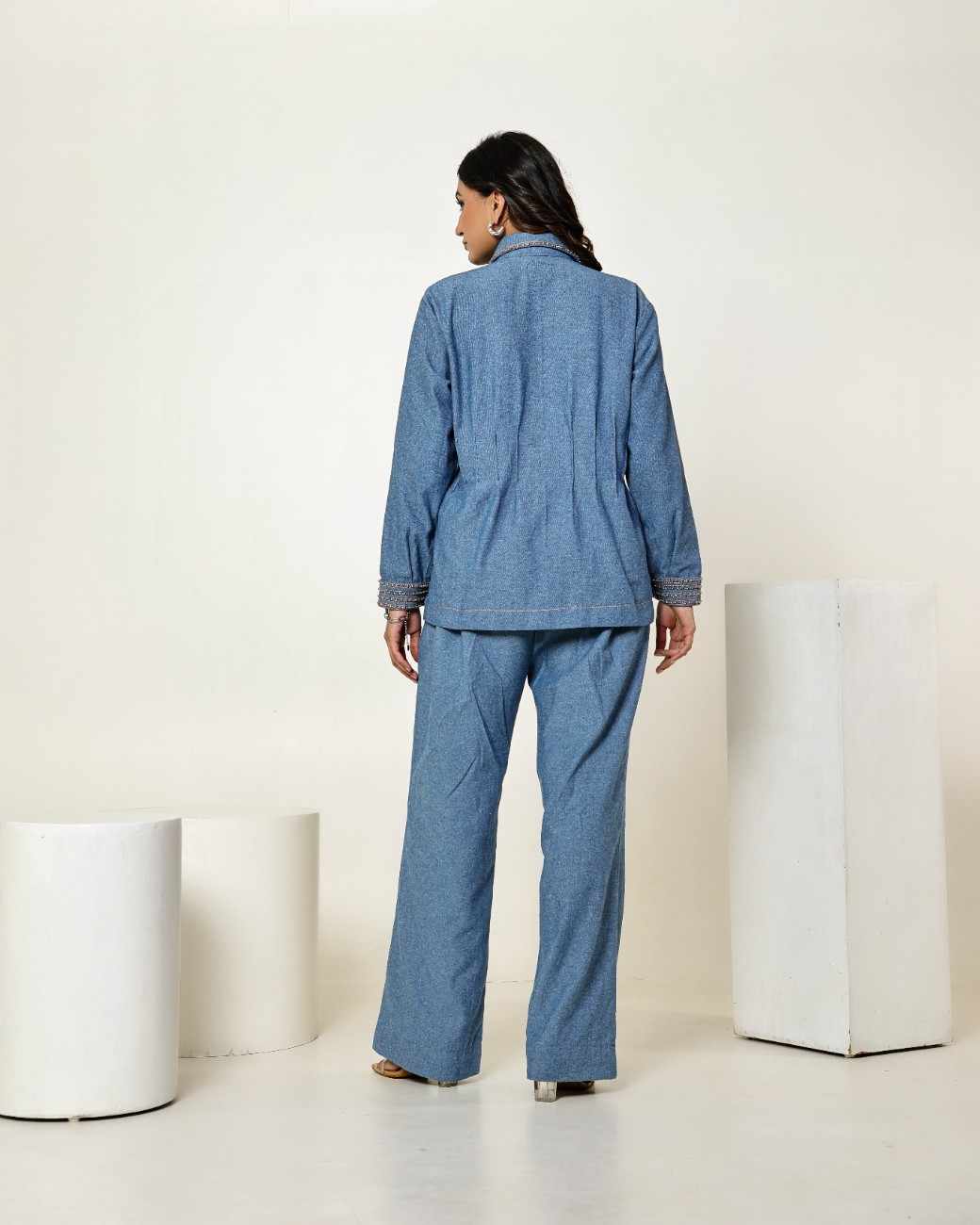 The Vintage Denim Stone Embellished Waist Pleated Shirt