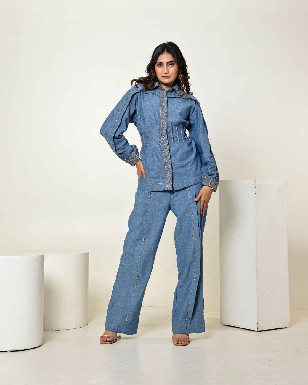 The Vintage Denim Stone Embellished Waist Pleated Shirt