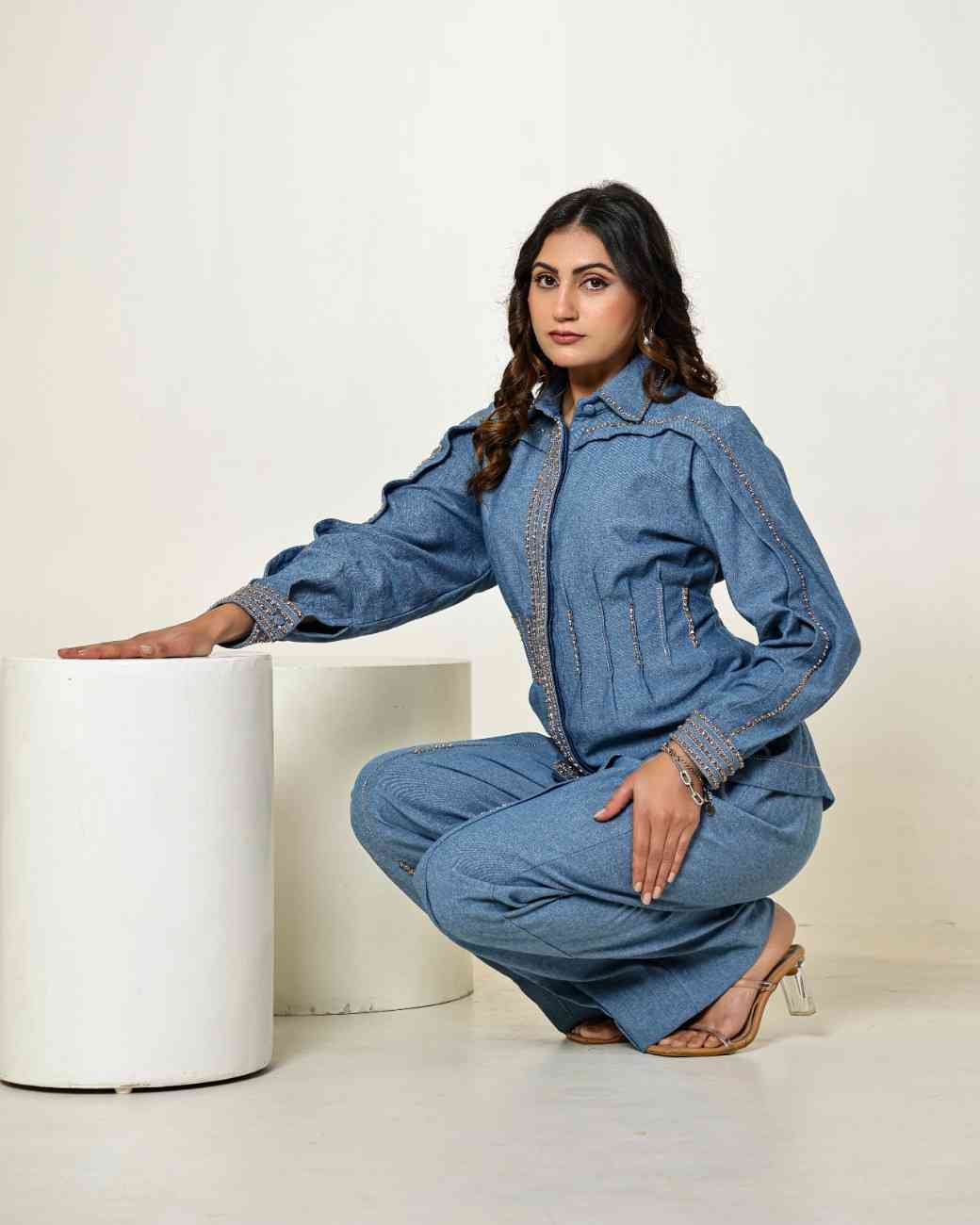 The Vintage Denim Stone Embellished Waist Pleated Shirt