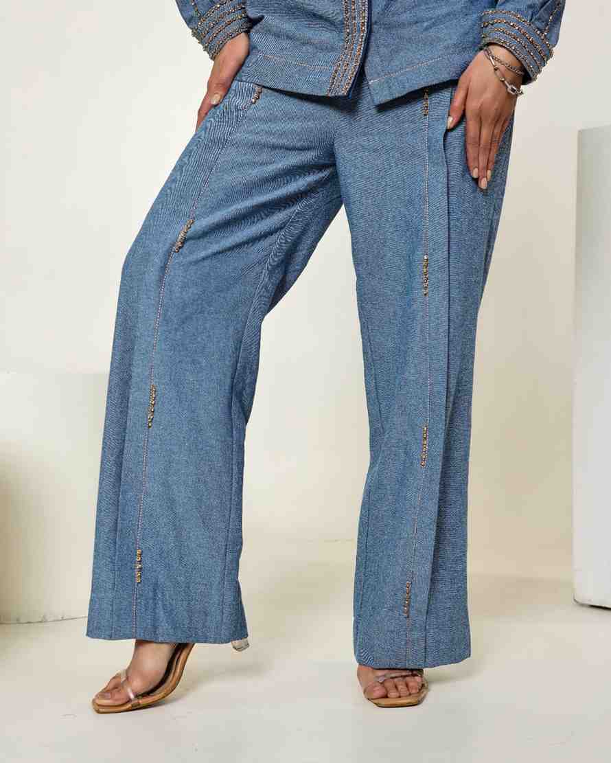 The Vintage Denim Stone Embellished Waist Pleated Shirt