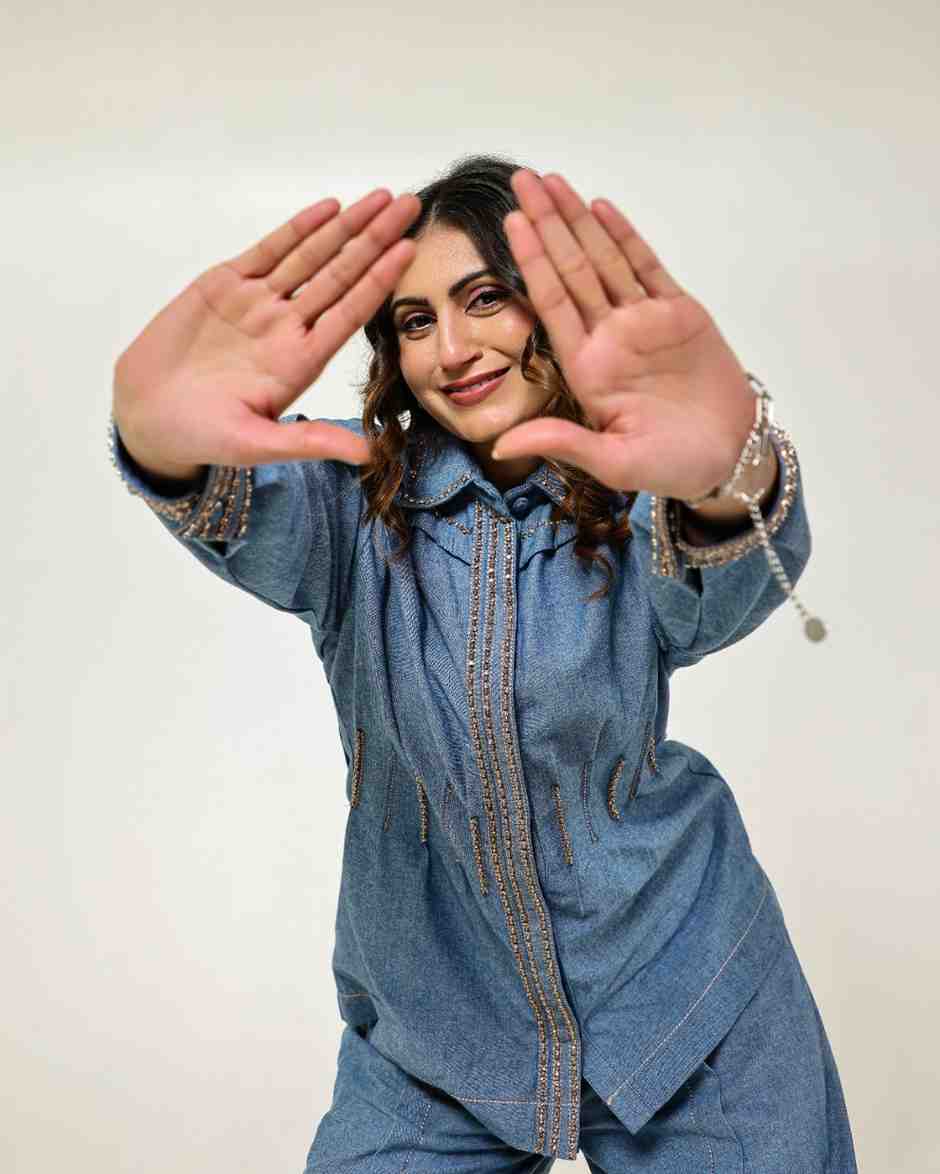 The Vintage Denim Stone Embellished Waist Pleated Shirt