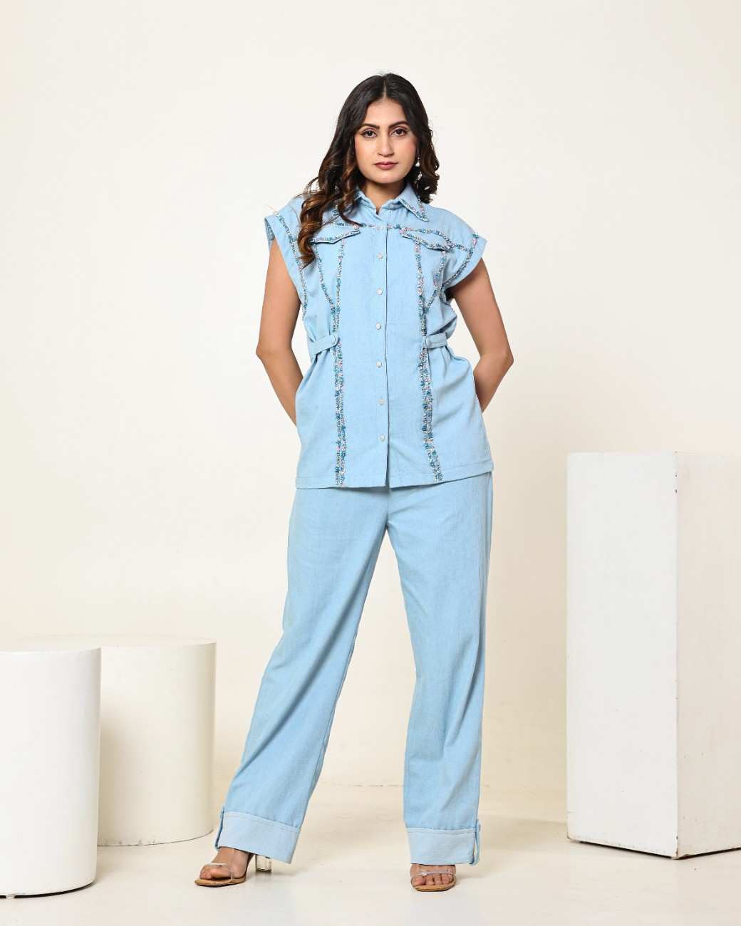 The Light Denim Sleeveless Flap Embellished Shirt