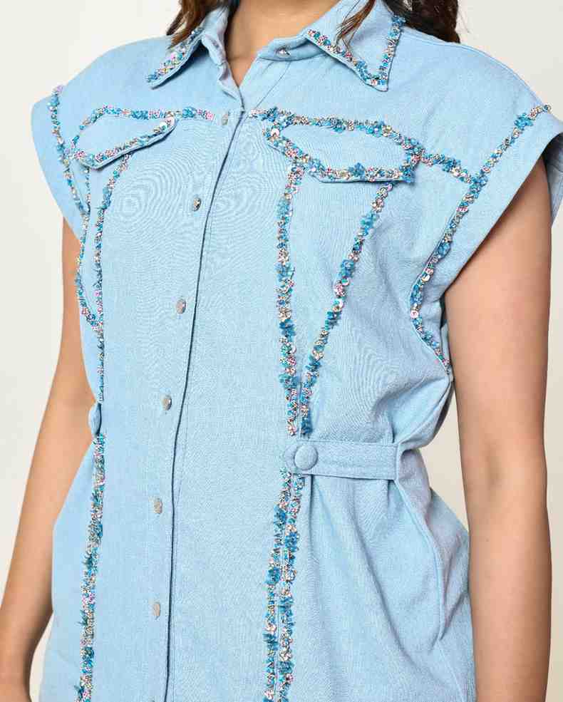 The Light Denim Sleeveless Flap Embellished Shirt