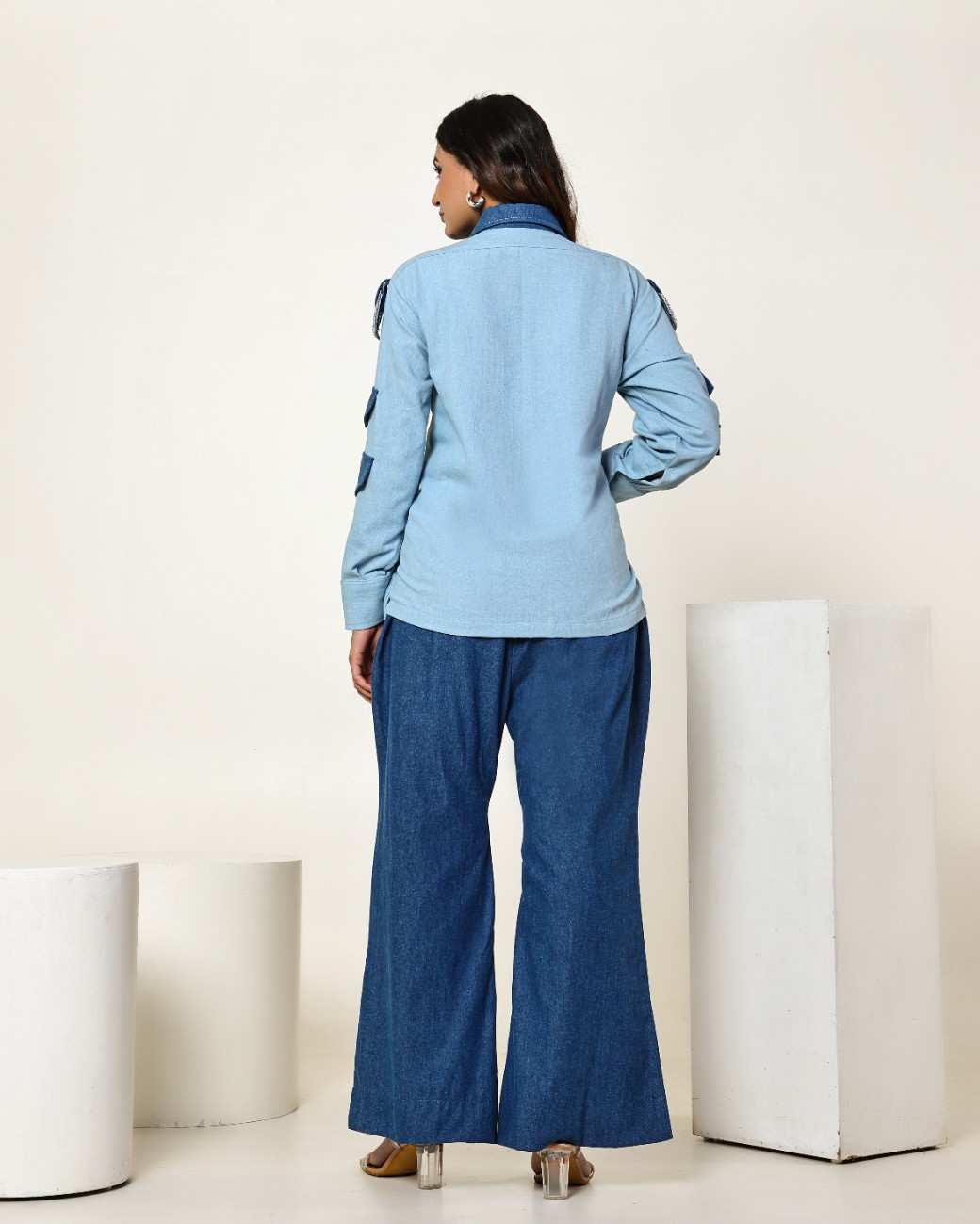 The Dark and Light Denim Colour Block Shirt with 3D Stone Embellished Circles