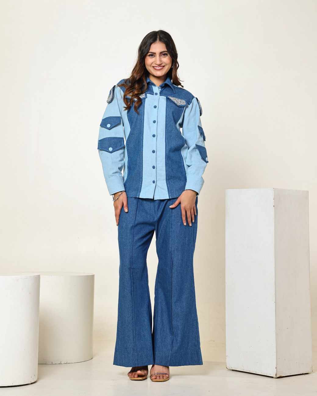 The Dark and Light Denim Colour Block Shirt with 3D Stone Embellished Circles