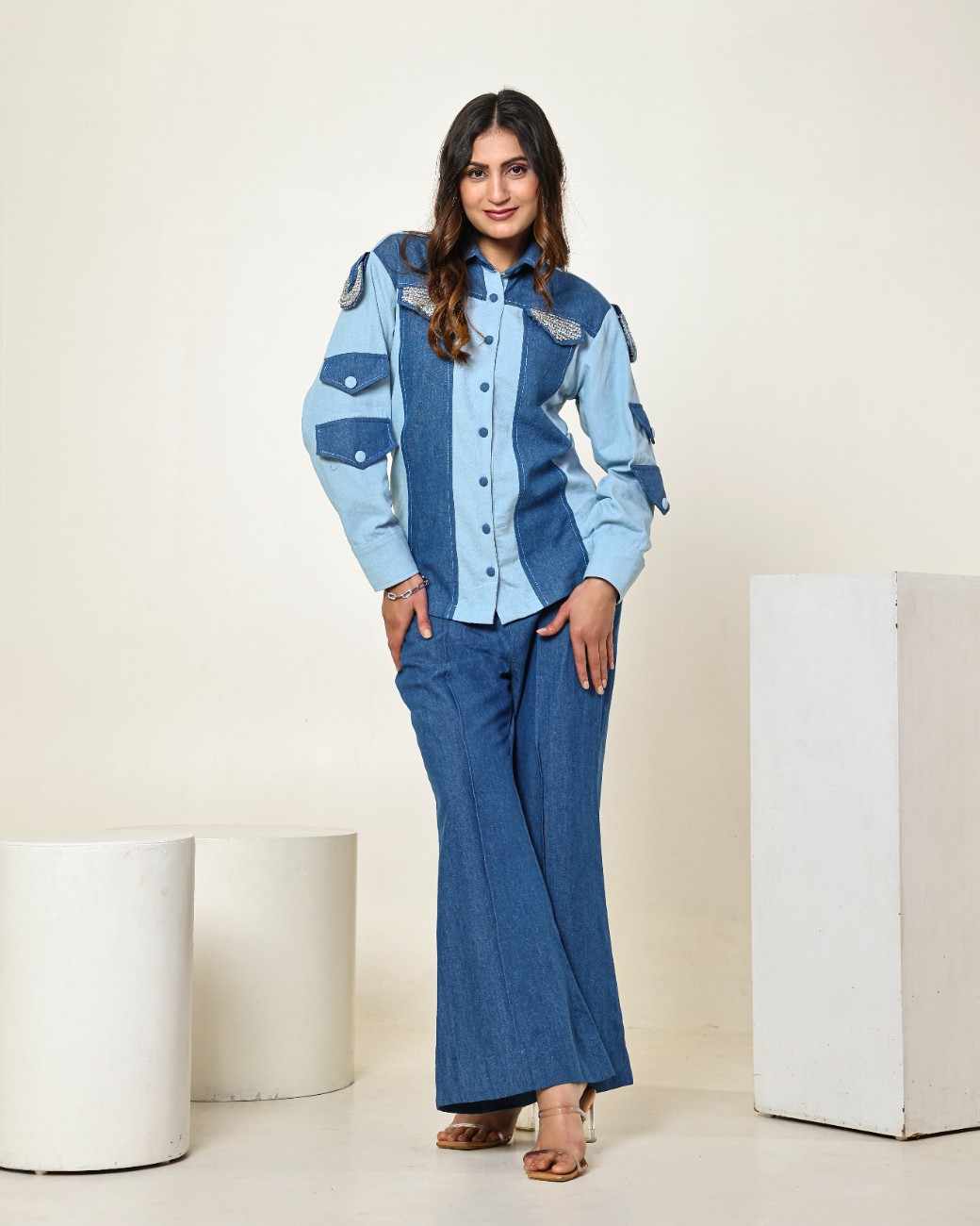 The Dark and Light Denim Colour Block Shirt with 3D Stone Embellished Circles