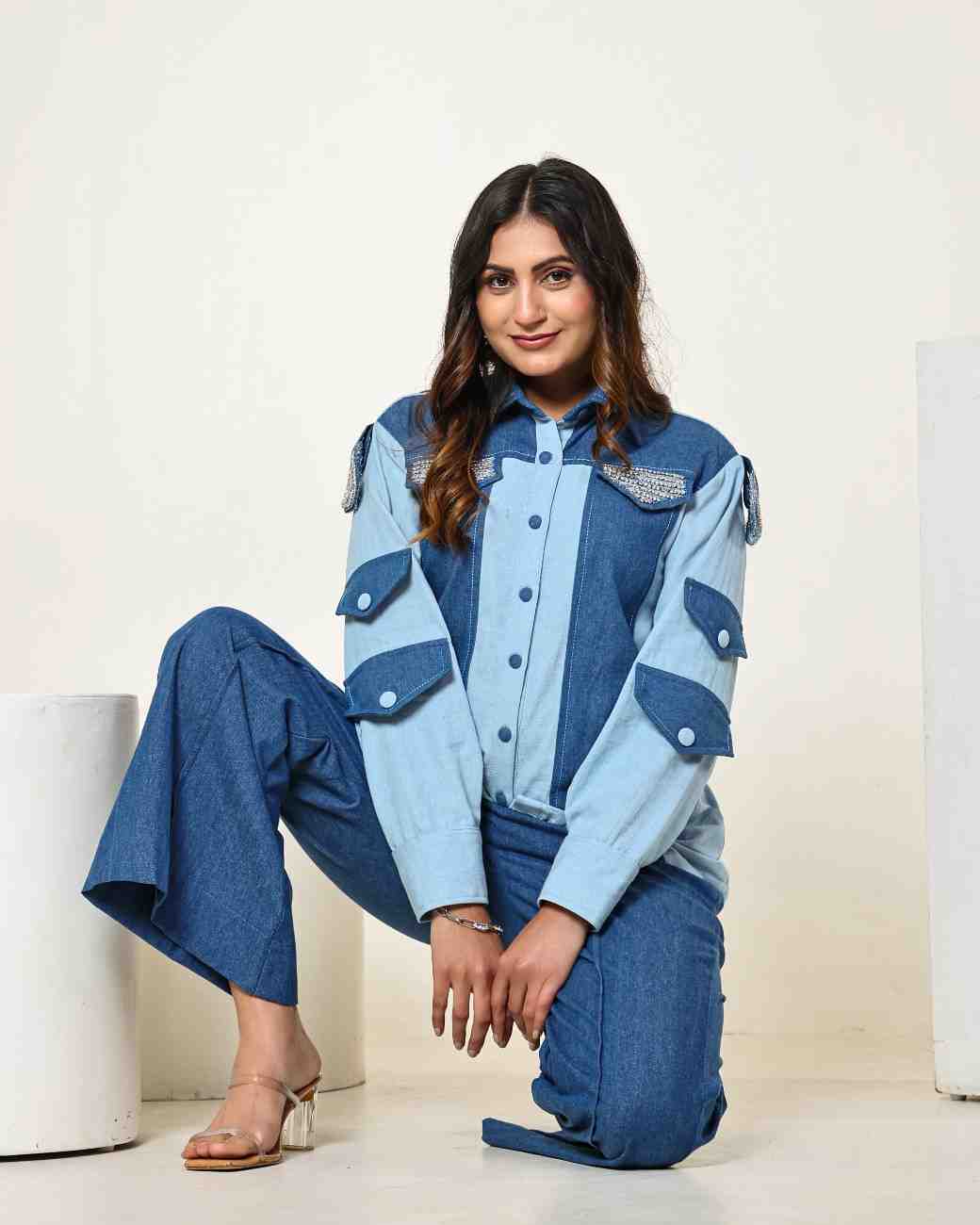 The Dark and Light Denim Colour Block Shirt with 3D Stone Embellished Circles