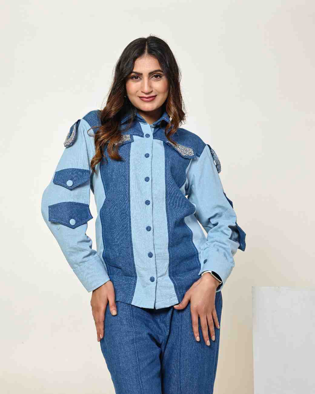 The Dark and Light Denim Colour Block Shirt with 3D Stone Embellished Circles
