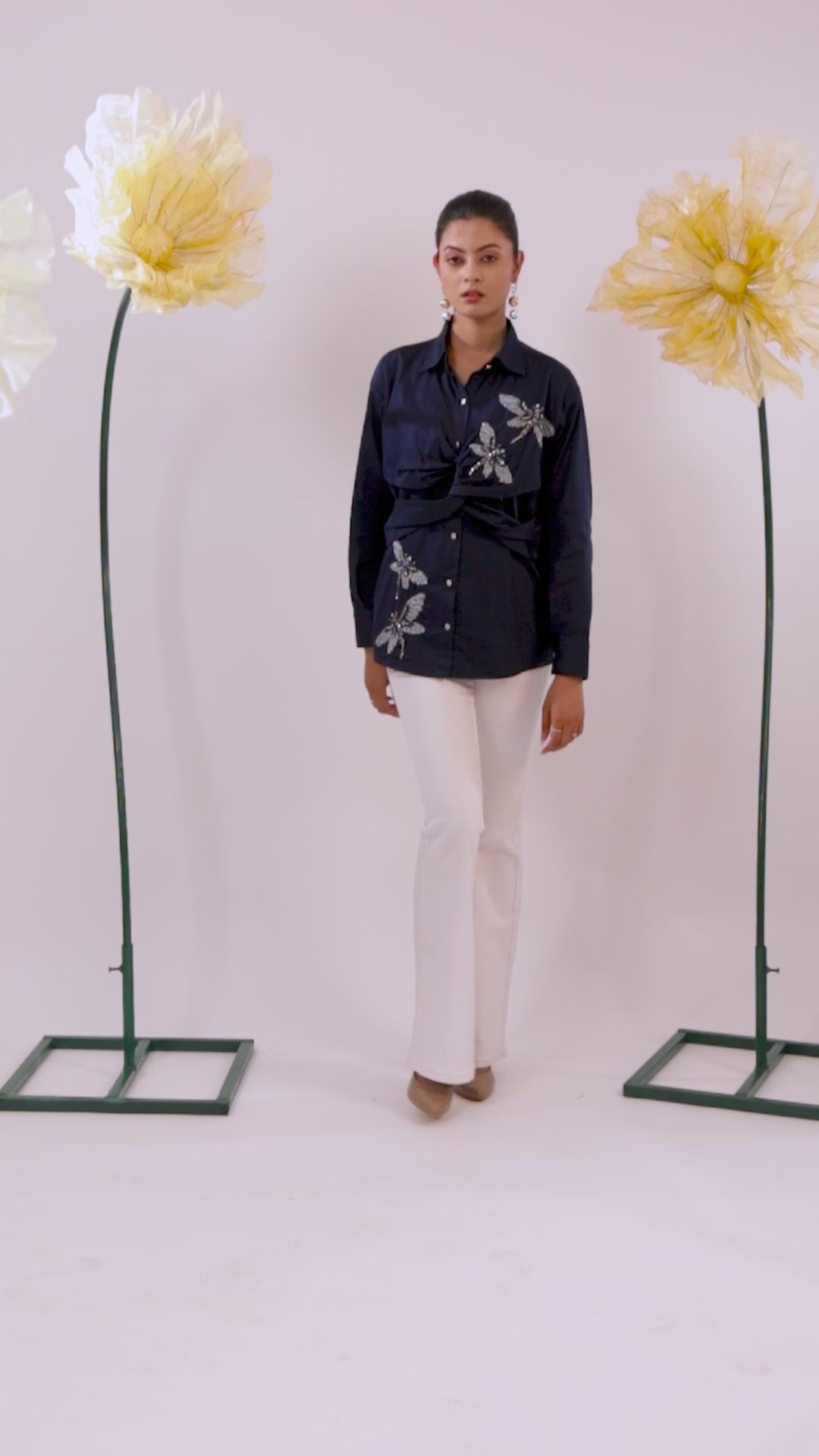 The Navy Blue Knot Cotton Shirt with Dragon Fly Embellishments