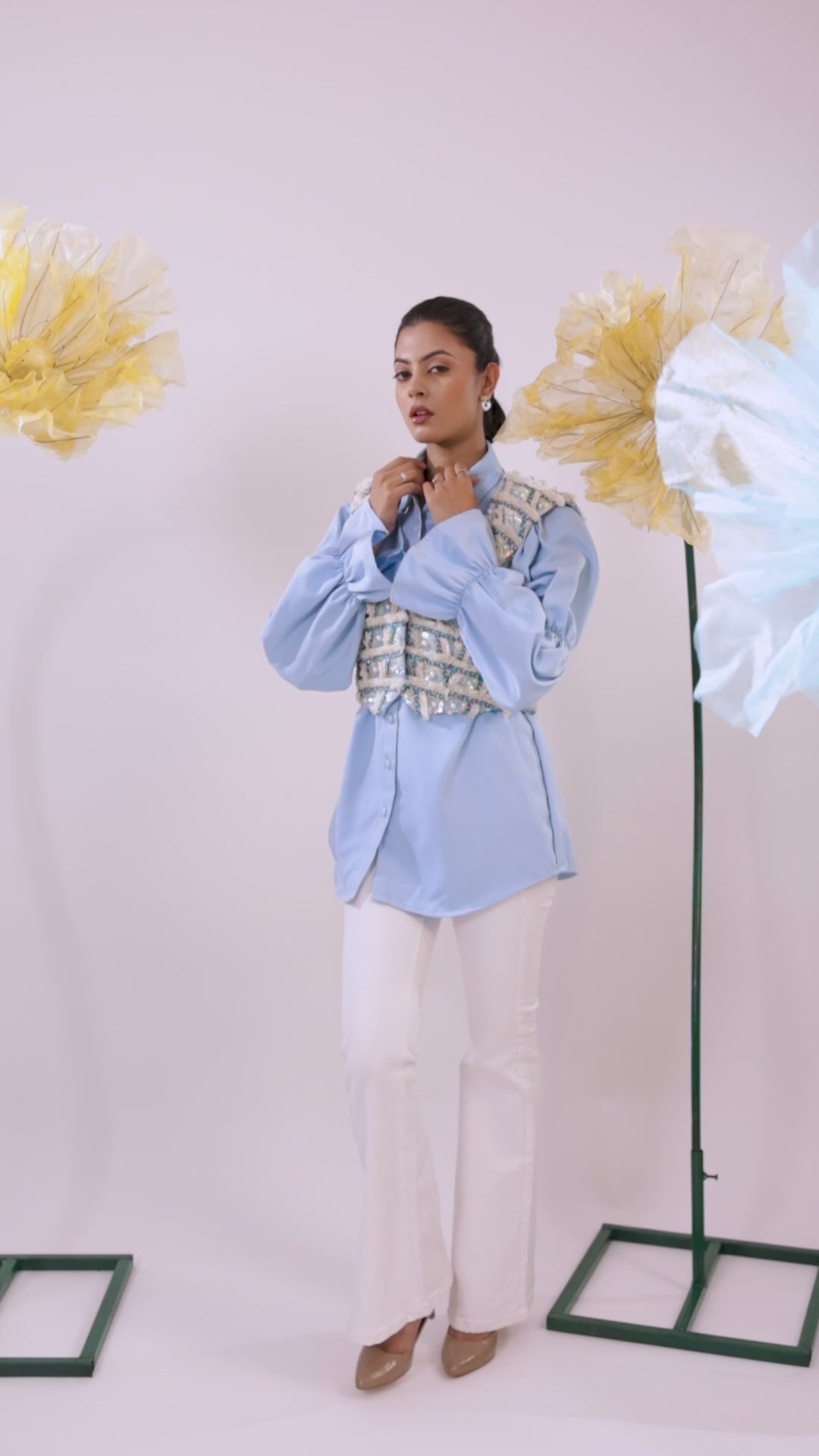 The Sky Blue Embellished Jacket with Ballon Sleeves Crape Shirt