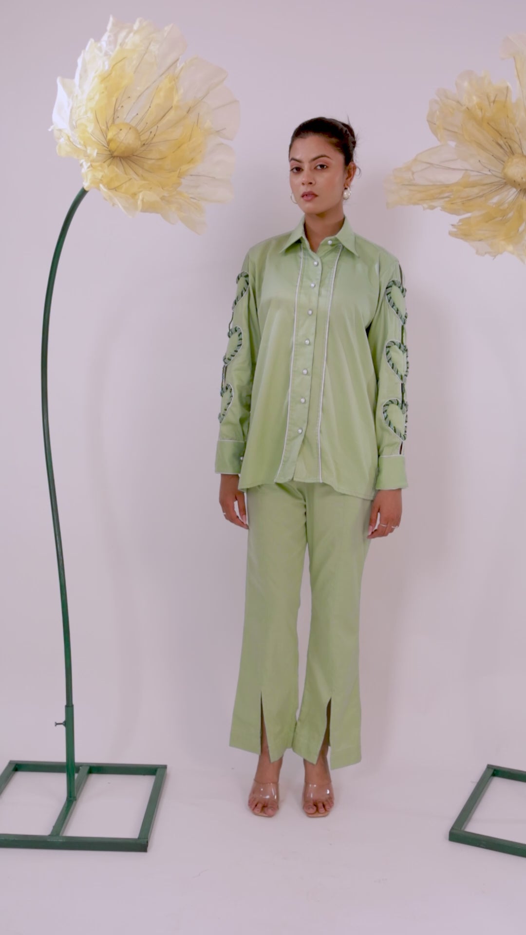 The Mint Green Heart Sleeve Embellished Cotton Shirt