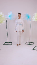 The White Gathered Crape Shirt with Sky Blue Embellishment