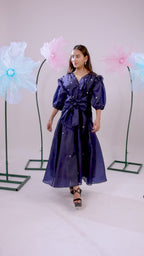 The Navy Blue Heart Knot Flared Midi Dress