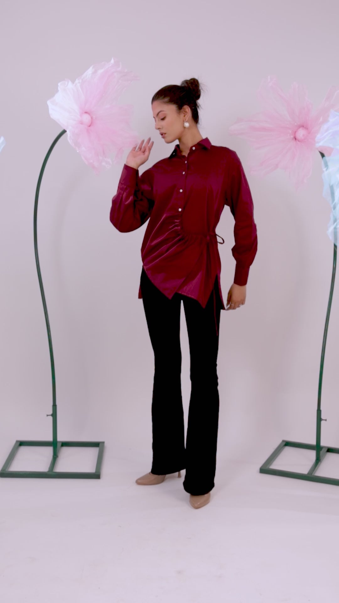 The Maroon Gathered Tie Up Cotton Shirt