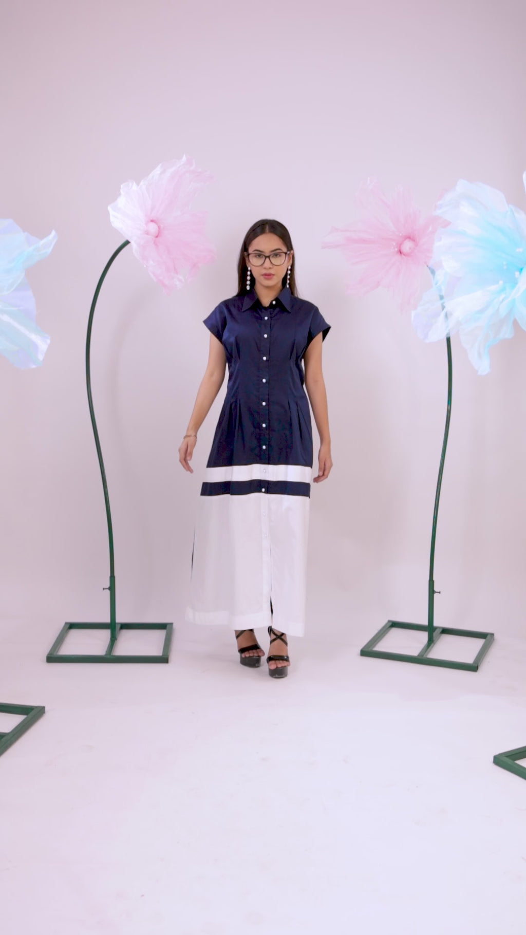 The Navy and White Colour Block Midi Cotton Dress