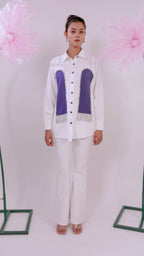 The White and Purple Stone Tassel Crape Shirt