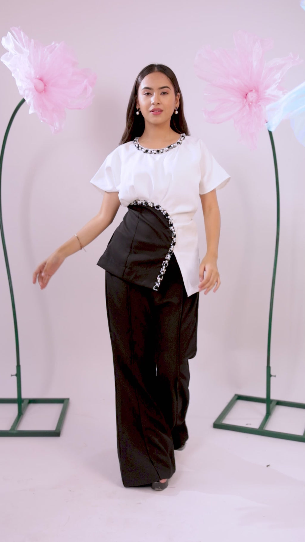 The White And Black Embellished Drape Co-ord Set