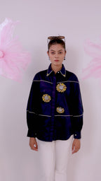 The Navy Blue Cotton Shirt with 3D Yellow Embellished Flowers