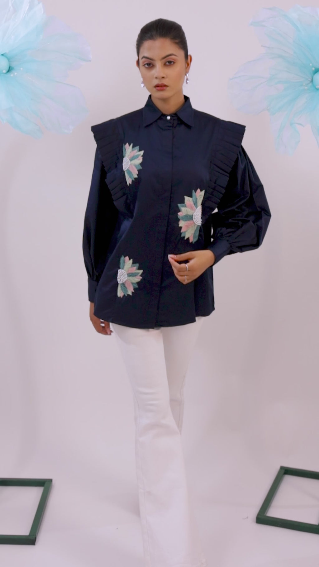 The Navy Blue Floral Pleated Cotton Shirt