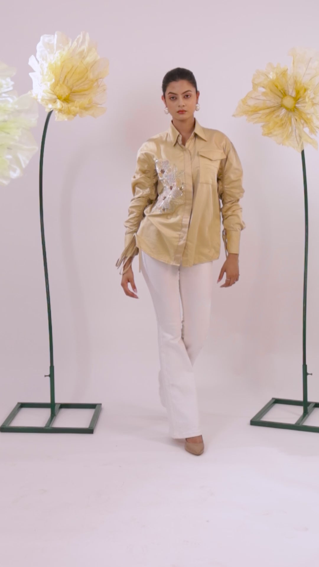 The Beige Floral Embellishment with Pocket and Gathered Sleeves